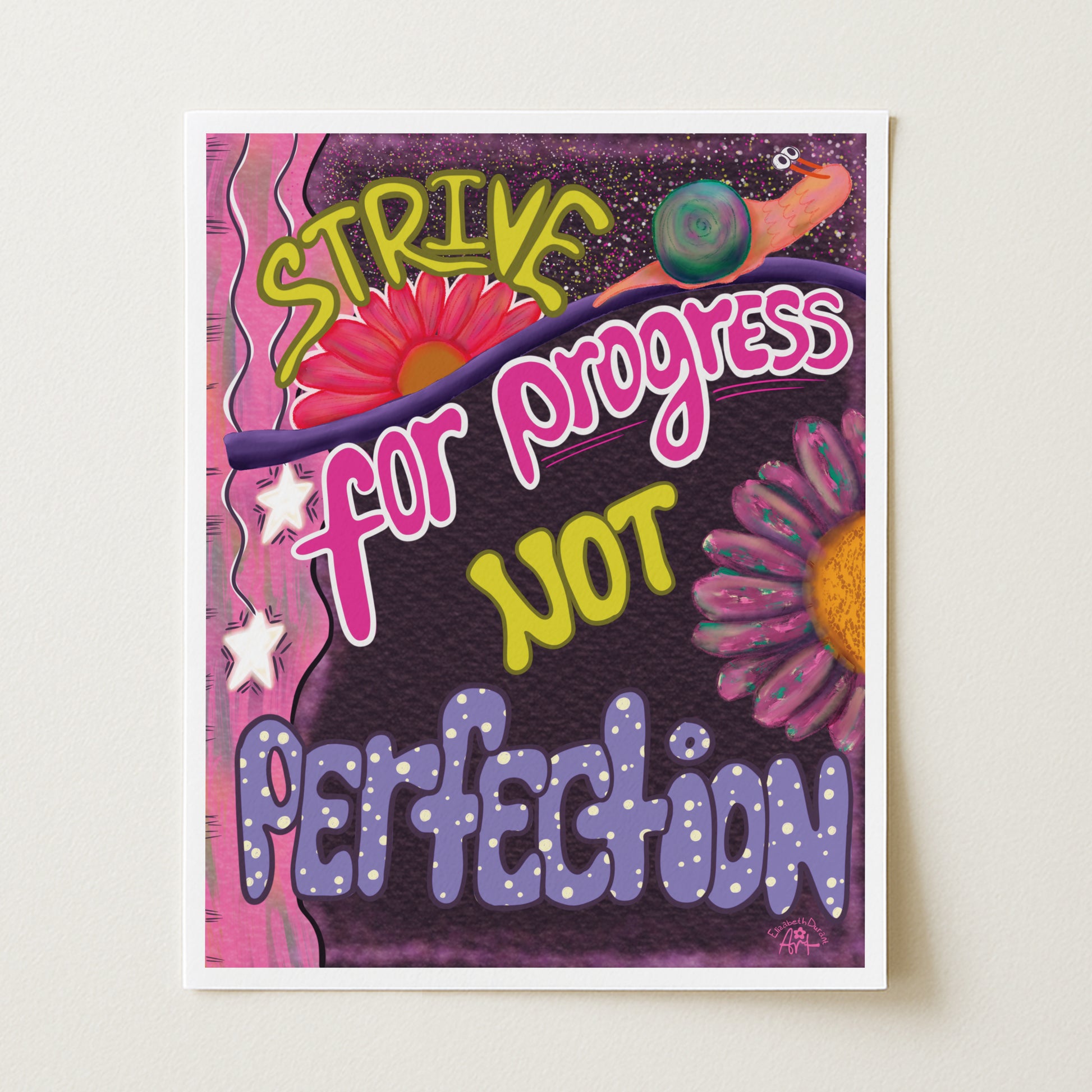 Colorful poster with motivational text and flowers on a white background