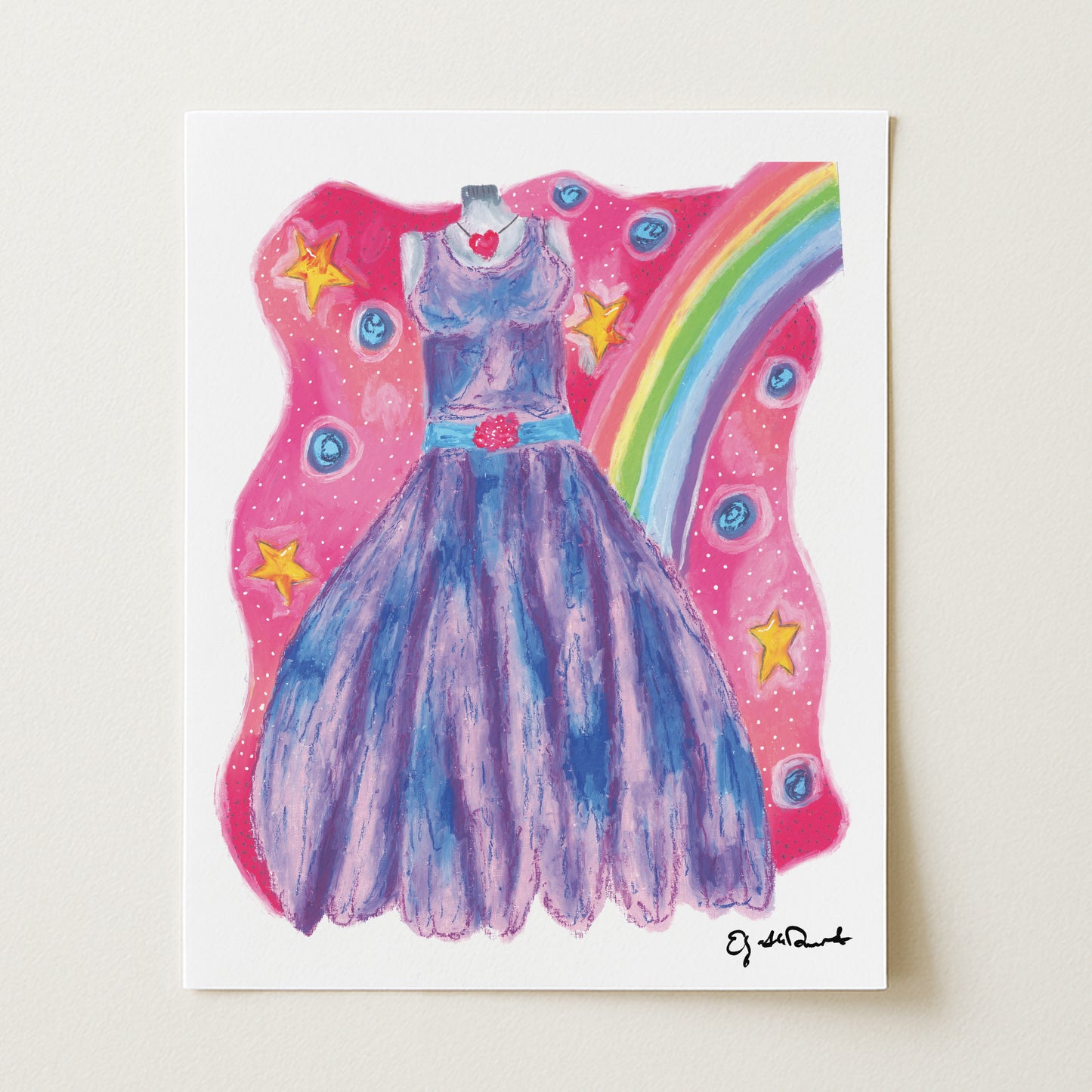 Colorful illustration of a dress with a rainbow and stars on a white background
