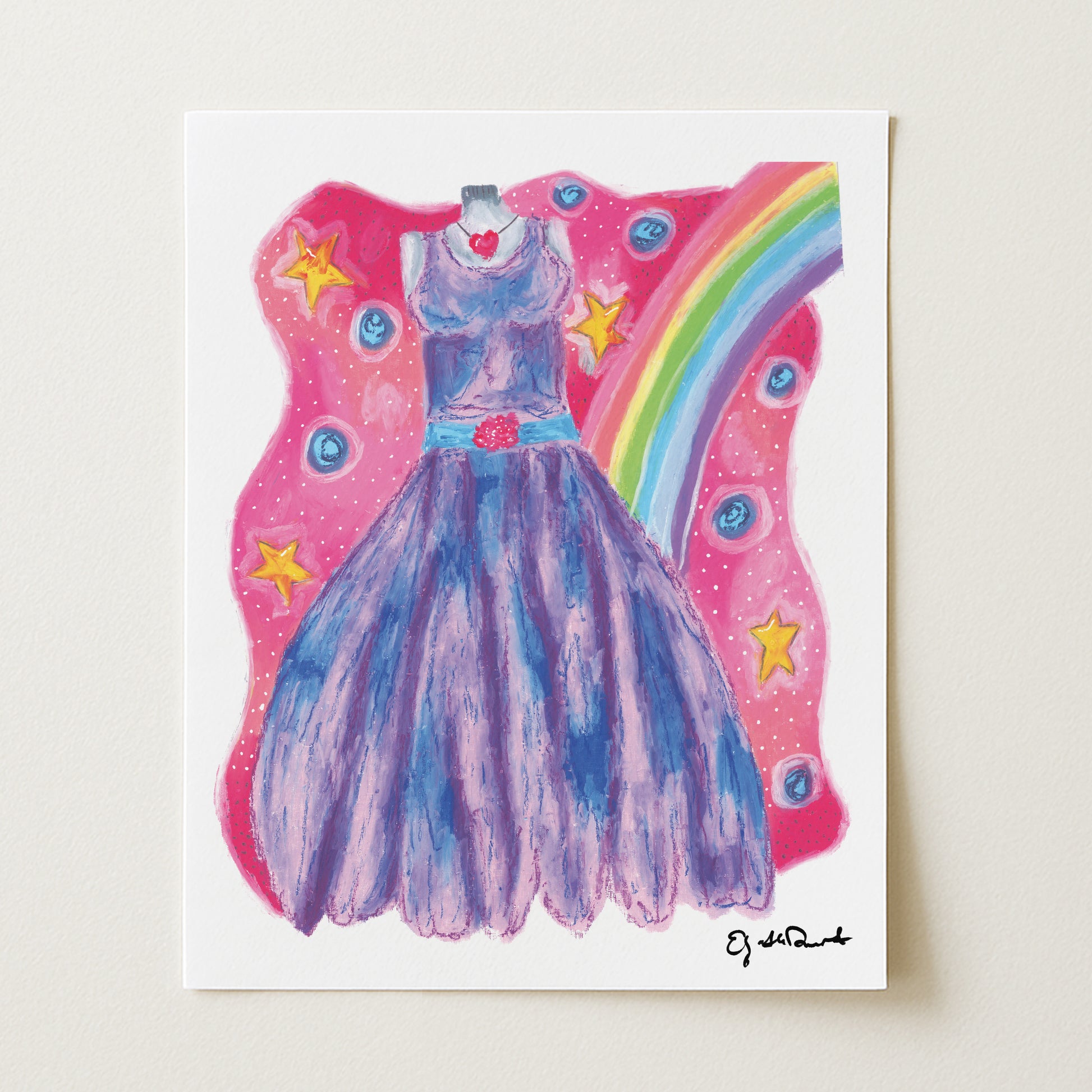 Colorful illustration of a dress with a rainbow and stars on a white background