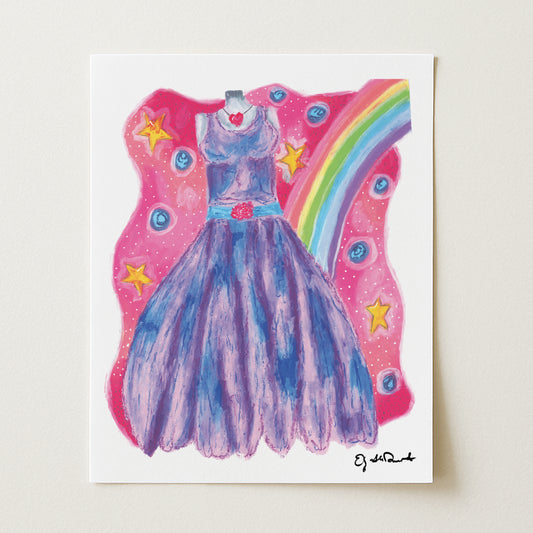 Colorful illustration of a dress with a rainbow and stars on a white background