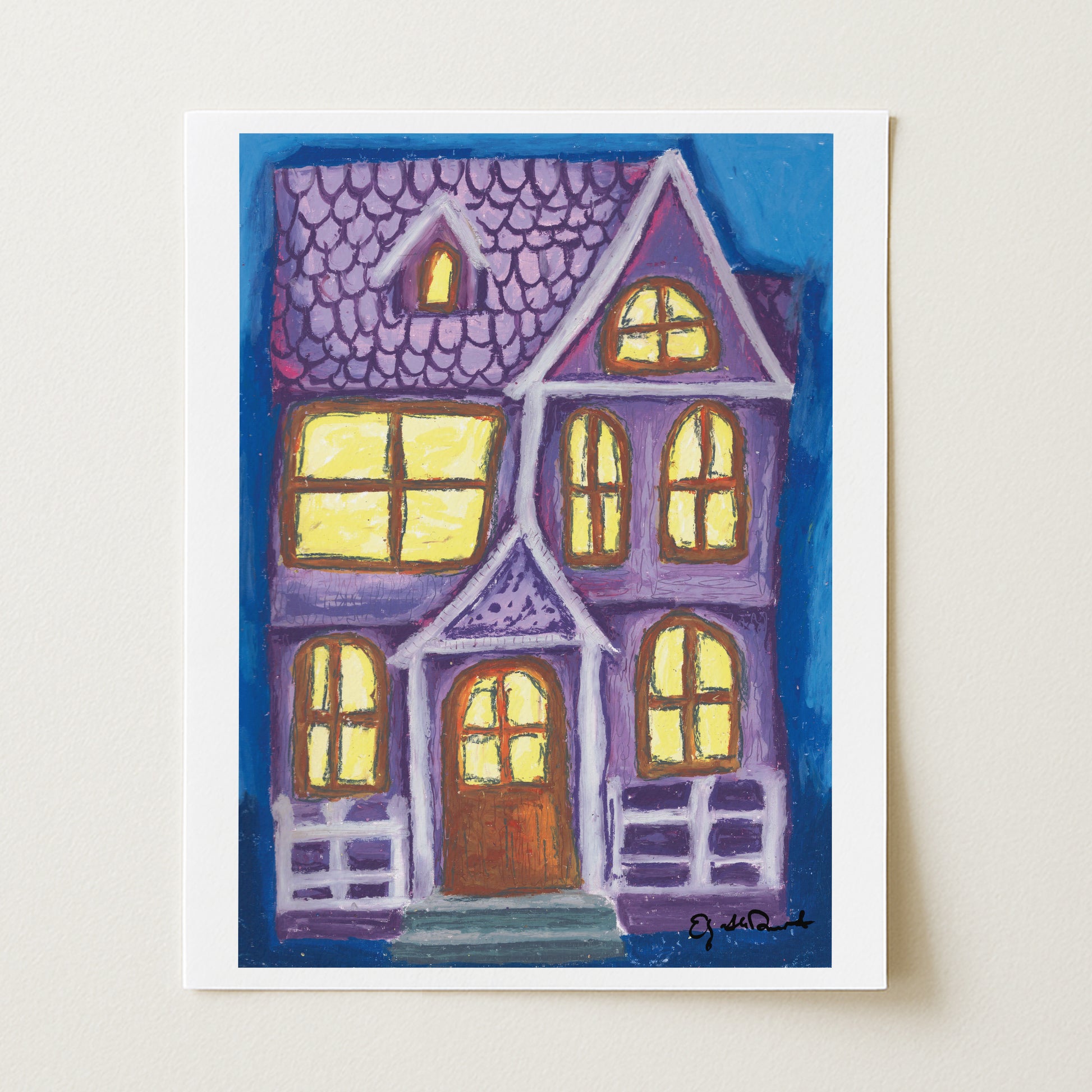 Painting of a purple house with yellow windows on a white background