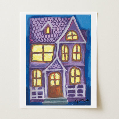 Painting of a purple house with yellow windows on a white background