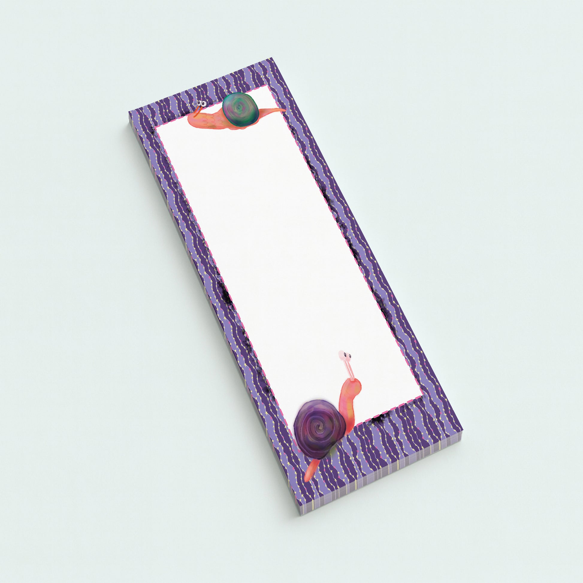 Notepad with a purple border and snail design on a white background