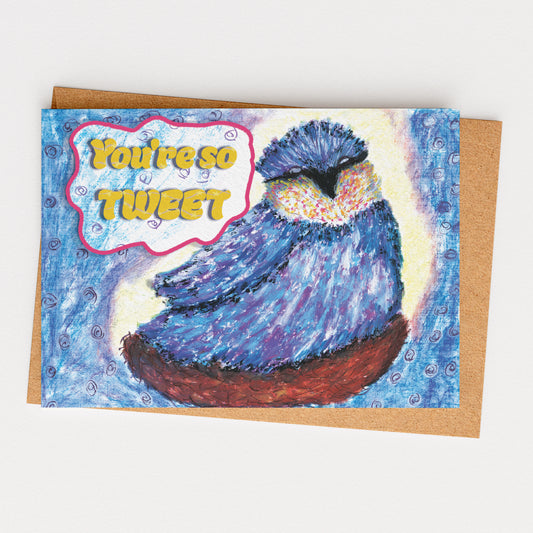 Greeting card with a colorful bird illustration and 'You're so TWEET' text on a white background