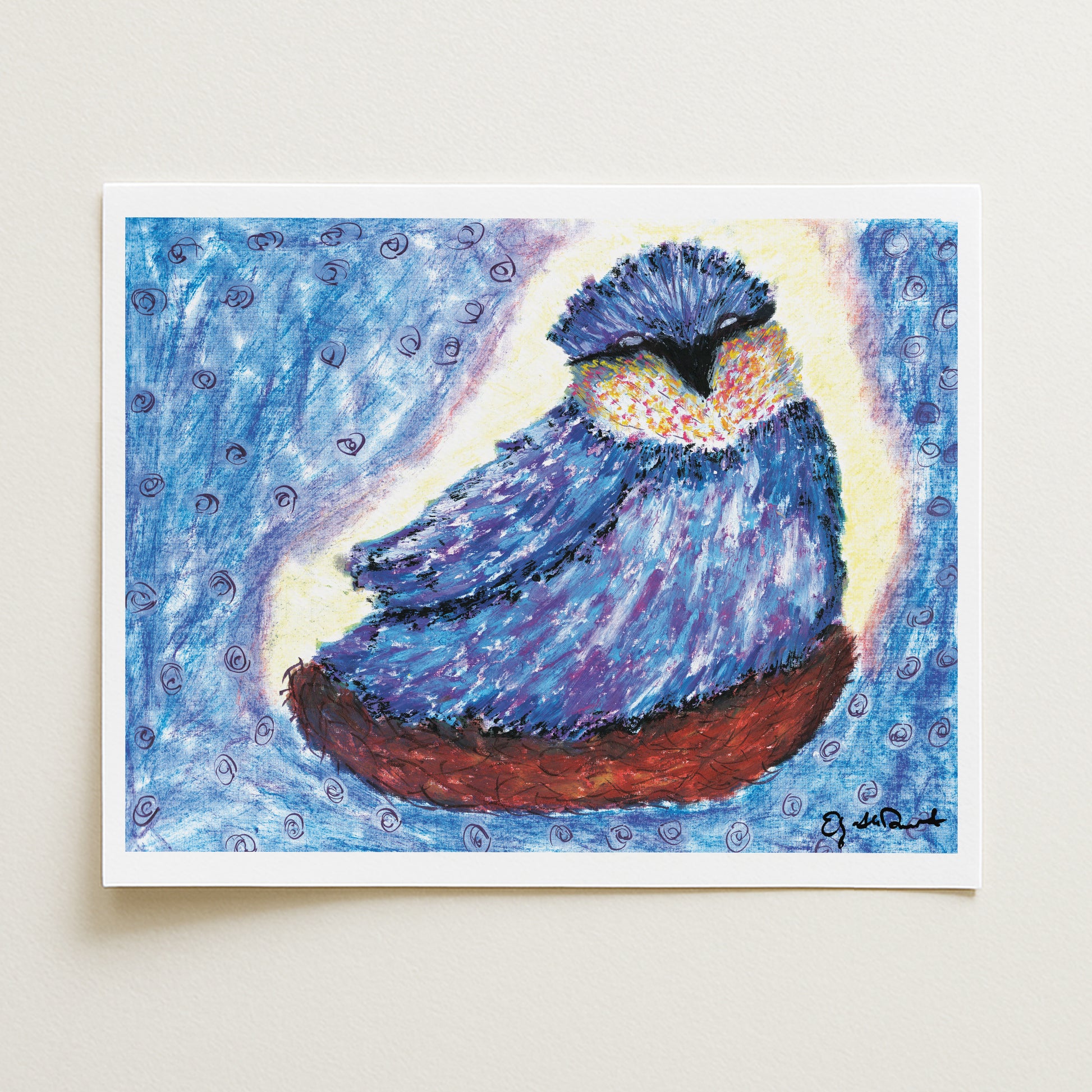 Artistic depiction of a blue bird with a red base on a light gray background