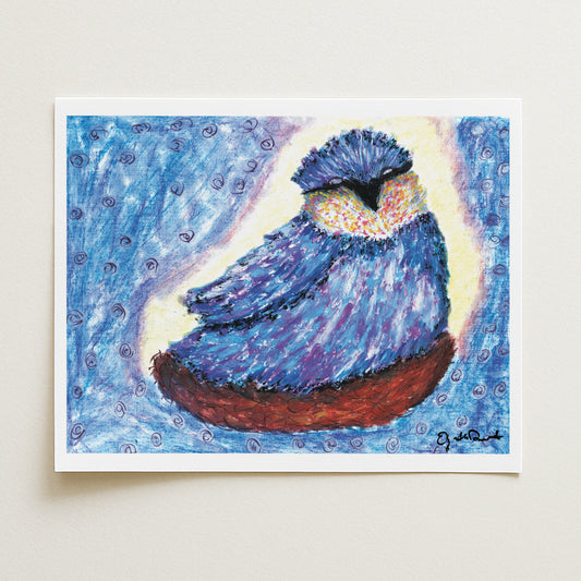 Artistic depiction of a blue bird with a red base on a light gray background