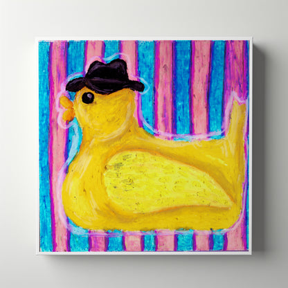Yellow rubber duck wearing a black fedora againstpink and turquoise stripes, original oil pastel painting