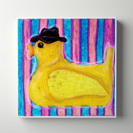 Yellow rubber duck wearing a black fedora againstpink and turquoise stripes, original oil pastel painting