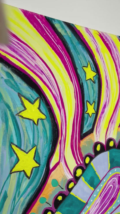 You Light Up My Heart  5x7 Original Gouache Painting Pinks and Teals with a Fun Wavy Background Big Heart with Star  Whimsical Background