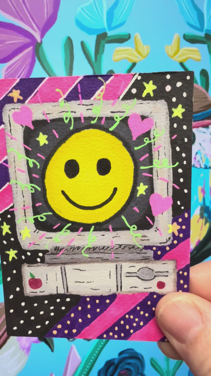 90s Nostalgia Vibe, Vintage, Retro. Smiley Face Happy Old Computer