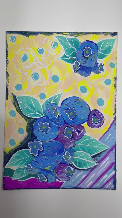 Blueberries of Maine 5x7 Original Gouache Painting Blues and Purples with a Fun Yellow Whimsical Background