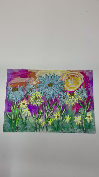 Original Art Colorful Whimsy Wildflowers 5x7 Gouache Painting By Liz Durant